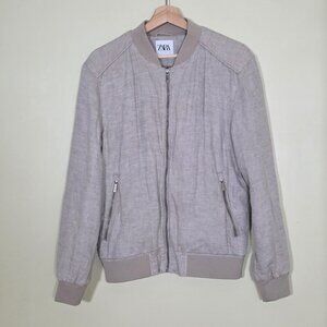 Zara Canvas Bomber Jacket Mens M Beige Linen Cotton Full Zip Neutral Minimalist
